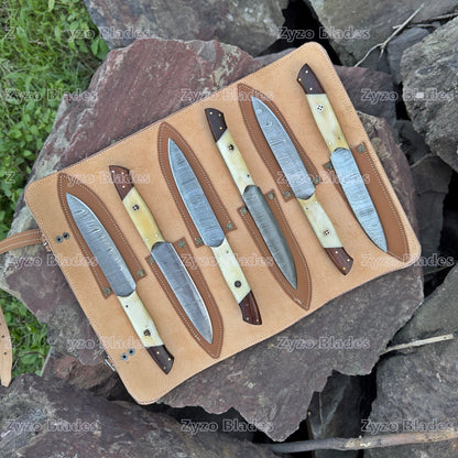 Damascus Steel Steak Knife Set: High Carbon Steel, Camel Bone Handle, Leather Sheath