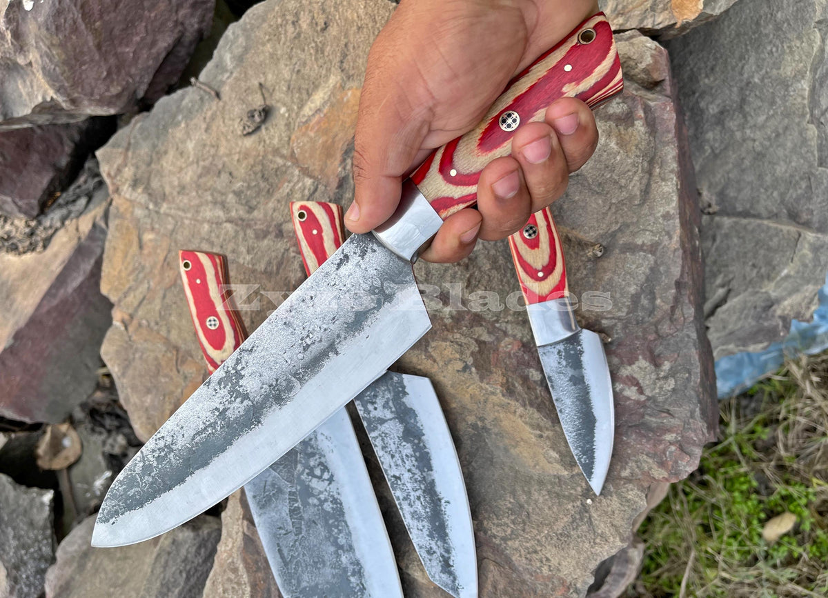 Handmade Forged Chef Knives Set 4 Pcs / Leather Bag /