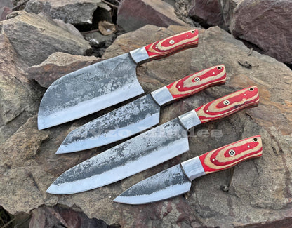 Handmade Forged Chef Knives Set 4 Pcs / Leather Bag /