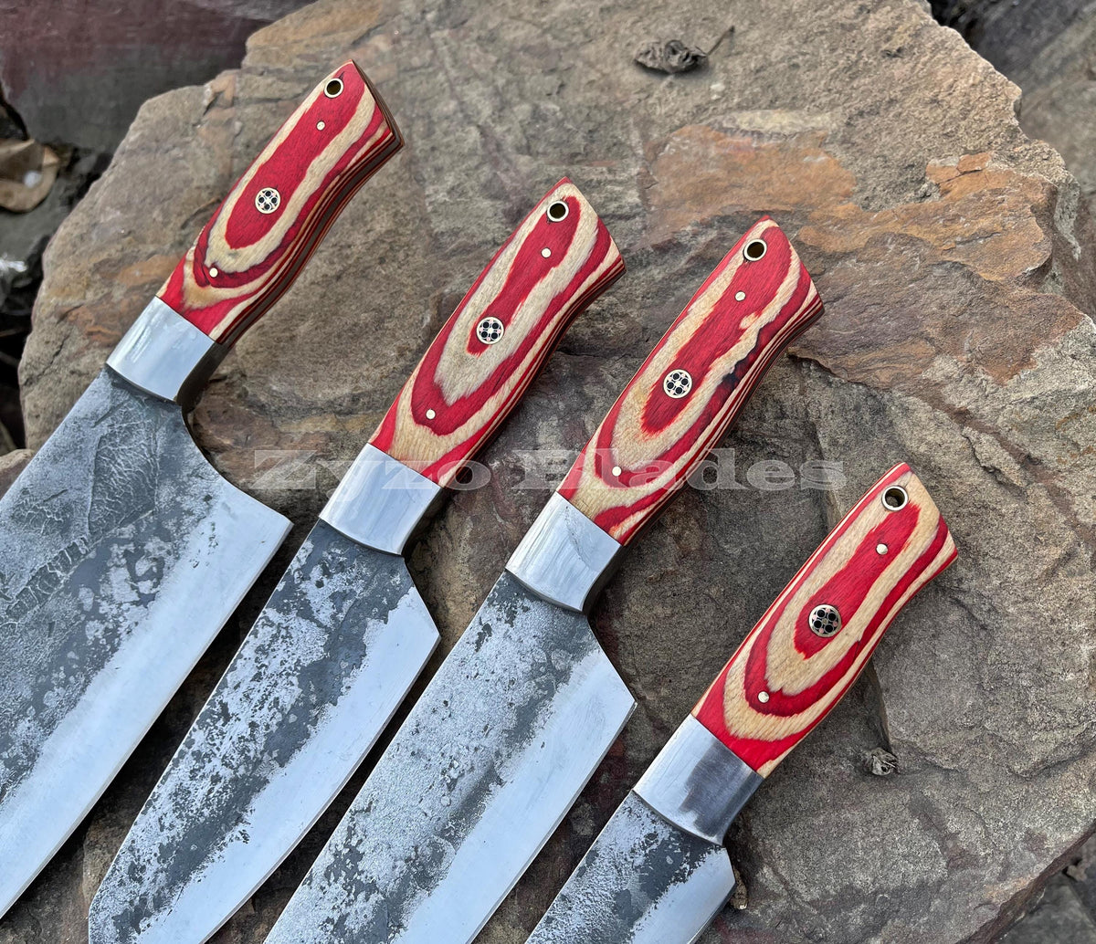 Handmade Forged Chef Knives Set 4 Pcs / Leather Bag /