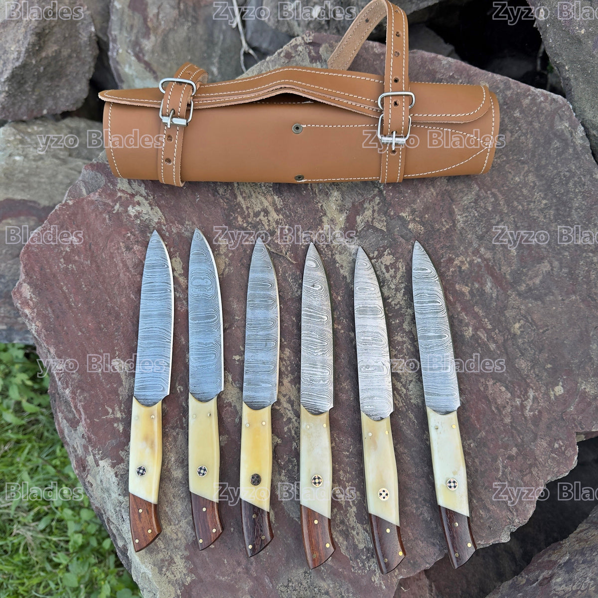 Damascus Steel Steak Knife Set: High Carbon Steel, Camel Bone Handle, Leather Sheath