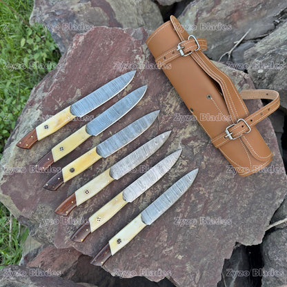 Damascus Steel Steak Knife Set: High Carbon Steel, Camel Bone Handle, Leather Sheath