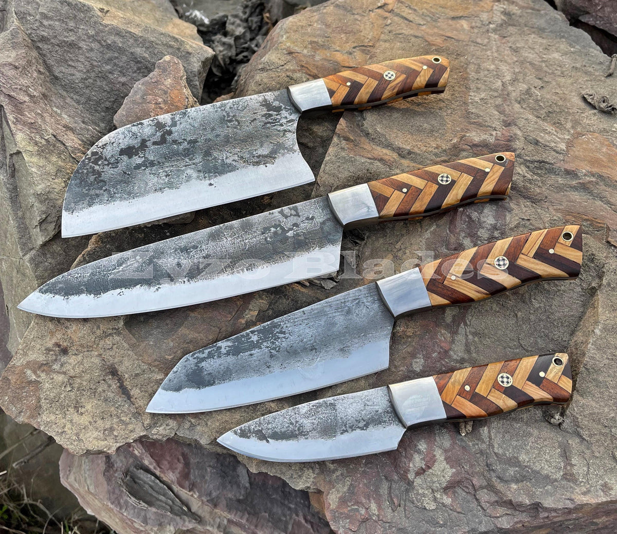 Handmade Forged Chef Knives Set 4 Pcs / Leather Bag /
