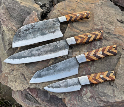 Handmade Forged Chef Knives Set 4 Pcs / Leather Bag /