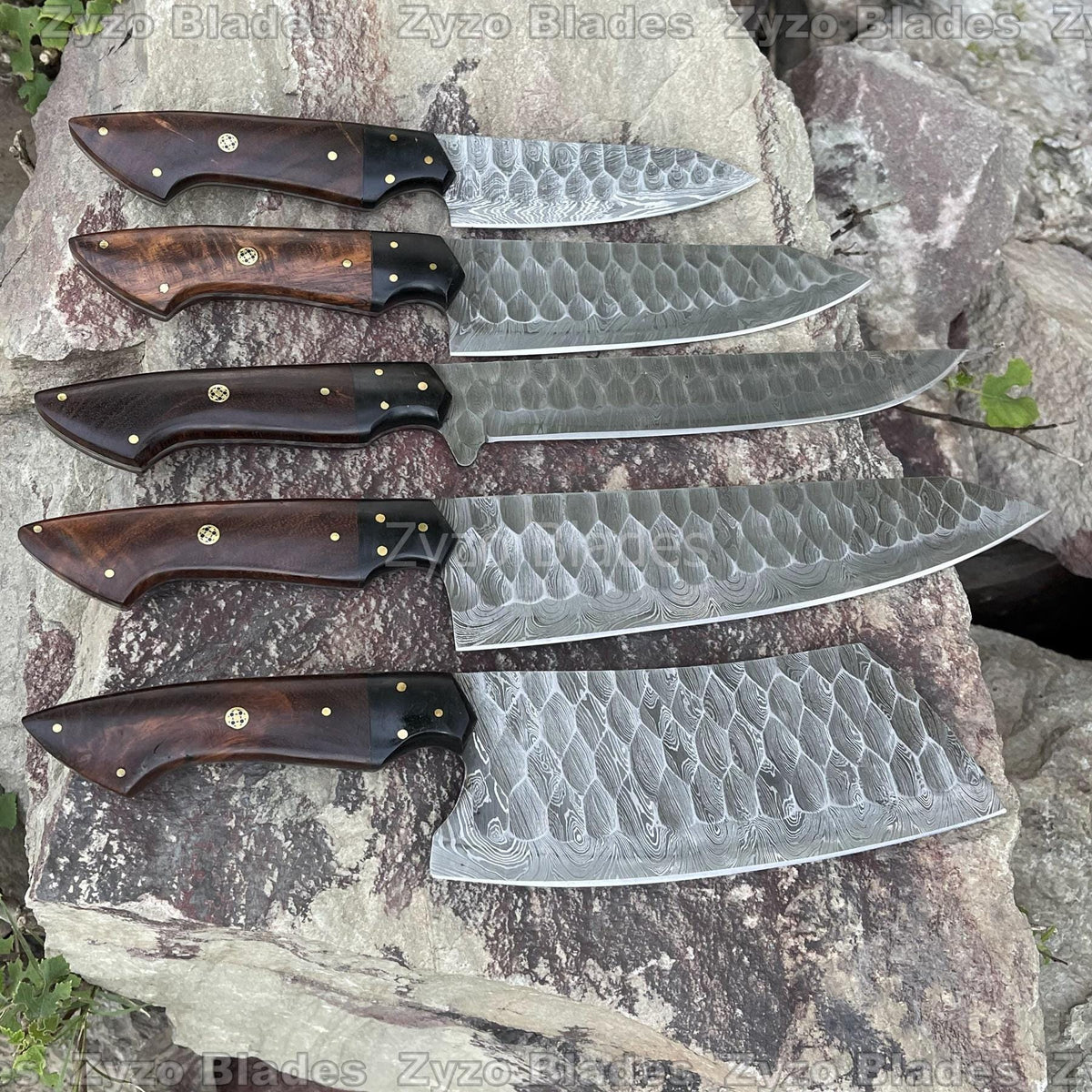 Personalized Kitchen Chef Knives Set 5 Pcs Damascus Steel Blades  - Rosewood & Resin Handle