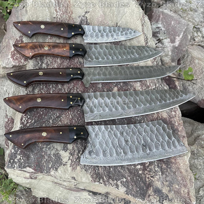 Personalized Kitchen Chef Knives Set 5 Pcs Damascus Steel Blades  - Rosewood & Resin Handle