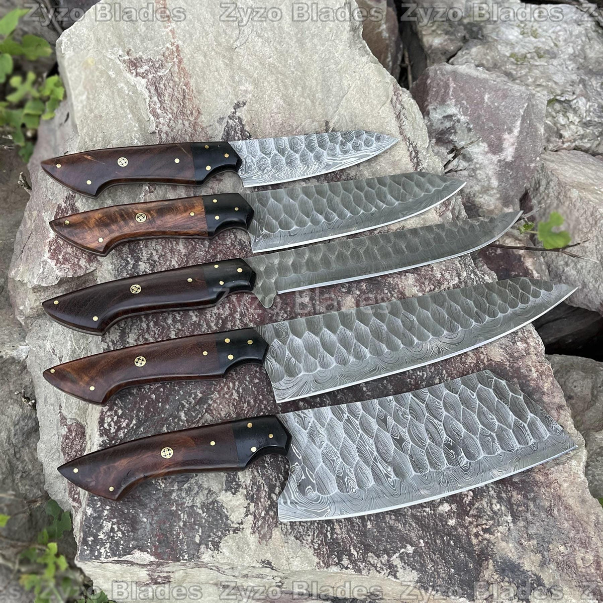 Personalized Kitchen Chef Knives Set 5 Pcs Damascus Steel Blades  - Rosewood & Resin Handle