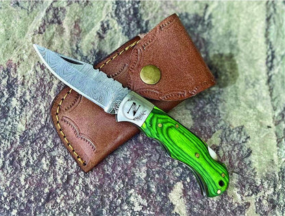 Personalized Handcrafted Damascus Steel Folding Pocket Knife with Green/Blue Wood Handle