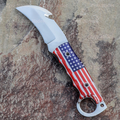 Fixed Blade Gut Hook Knife: Sharp Edge, Unique American Flag Handle