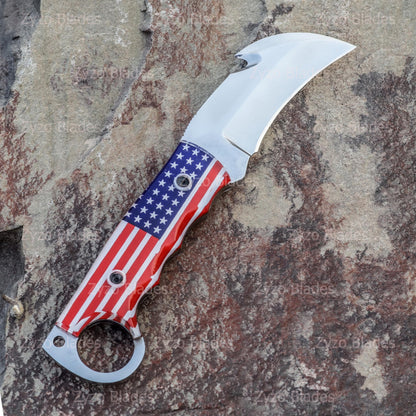 Fixed Blade Gut Hook Knife: Sharp Edge, Unique American Flag Handle
