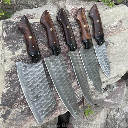 Personalized Kitchen Chef Knives Set 5 Pcs Damascus Steel Blades  - Rosewood & Resin Handle