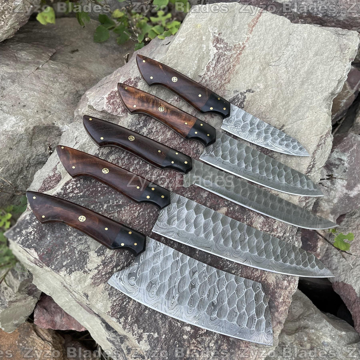 Personalized Kitchen Chef Knives Set 5 Pcs Damascus Steel Blades  - Rosewood & Resin Handle