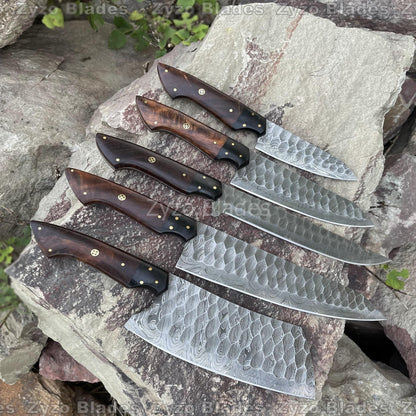 Personalized Kitchen Chef Knives Set 5 Pcs Damascus Steel Blades  - Rosewood & Resin Handle