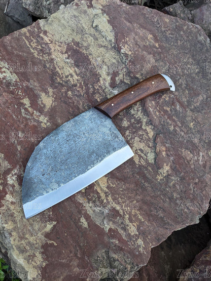 Hand Forged Full Tang Serbian Chef Cleaver: High Carbon Steel BBQ Knife