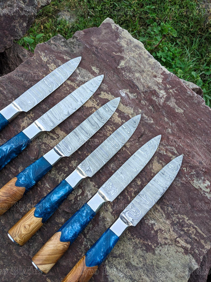 Handcrafted Damascus Steel Steak Knife Set - Resin & Wood Handle, 6 Pcs