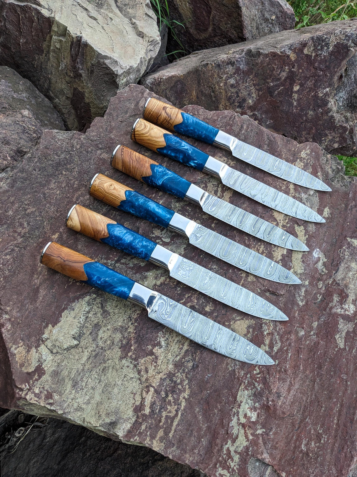 Handcrafted Damascus Steel Steak Knife Set - Resin & Wood Handle, 6 Pcs
