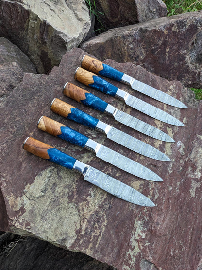 Handcrafted Damascus Steel Steak Knife Set - Resin & Wood Handle, 6 Pcs