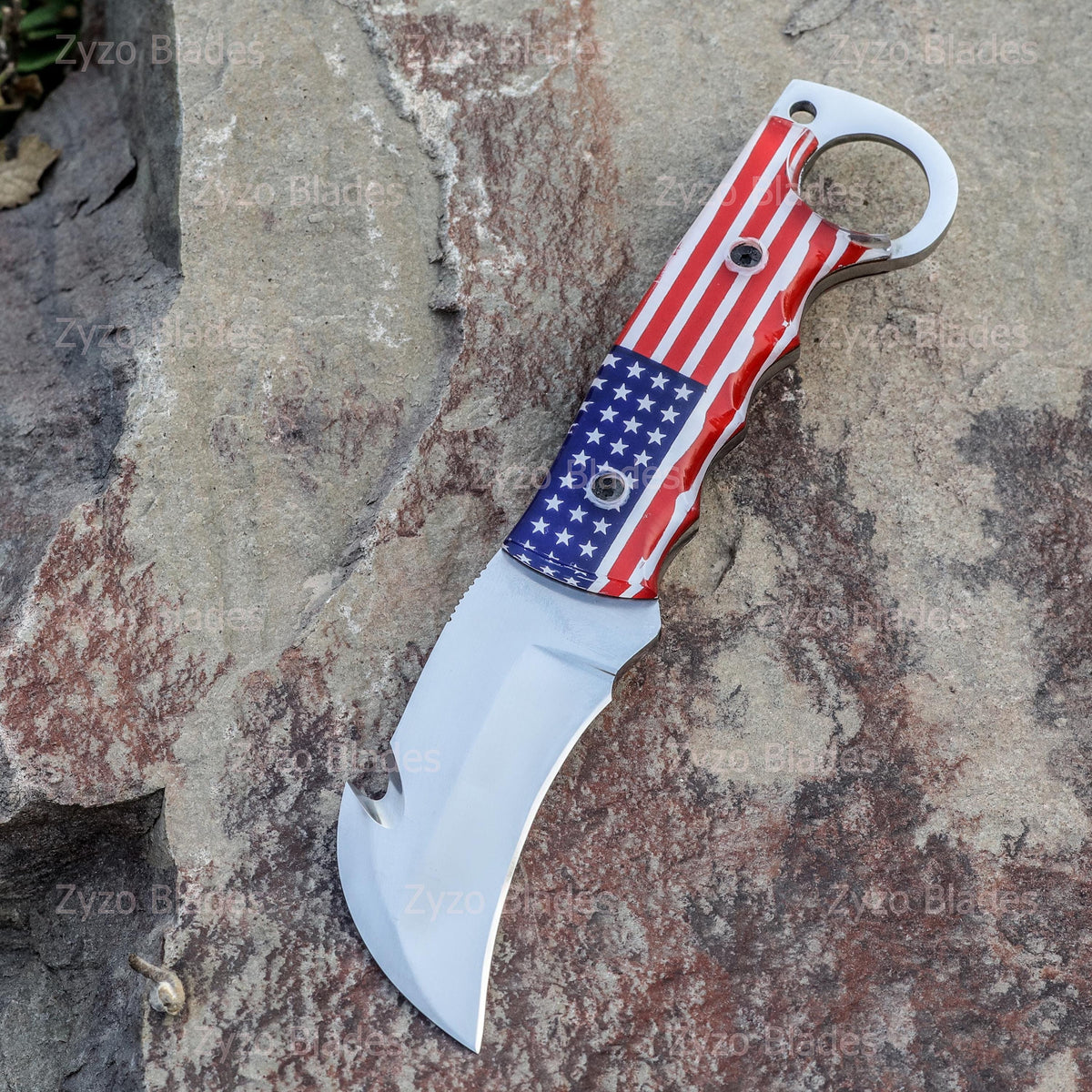Fixed Blade Gut Hook Knife: Sharp Edge, Unique American Flag Handle