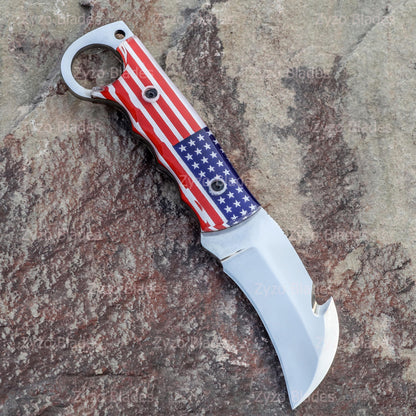 Fixed Blade Gut Hook Knife: Sharp Edge, Unique American Flag Handle