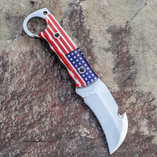 Fixed Blade Gut Hook Knife: Sharp Edge, Unique American Flag Handle