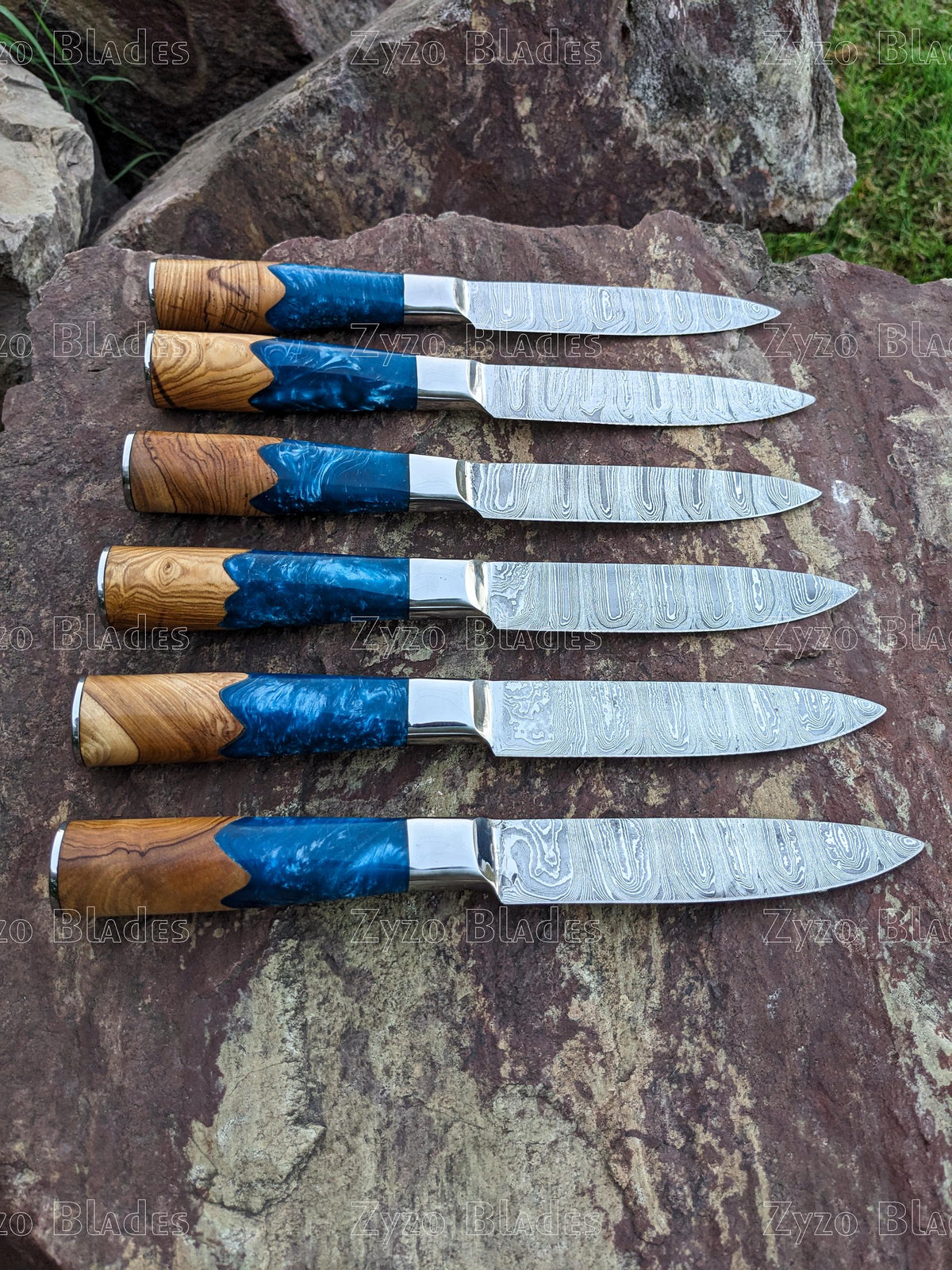 Handcrafted Damascus Steel Steak Knife Set - Resin & Wood Handle, 6 Pcs