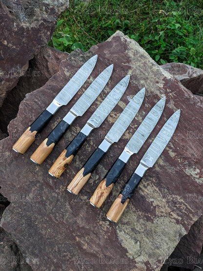 6 Pcs Damascus Steel Steak Knife Set Fully Handcrafted Round Handle