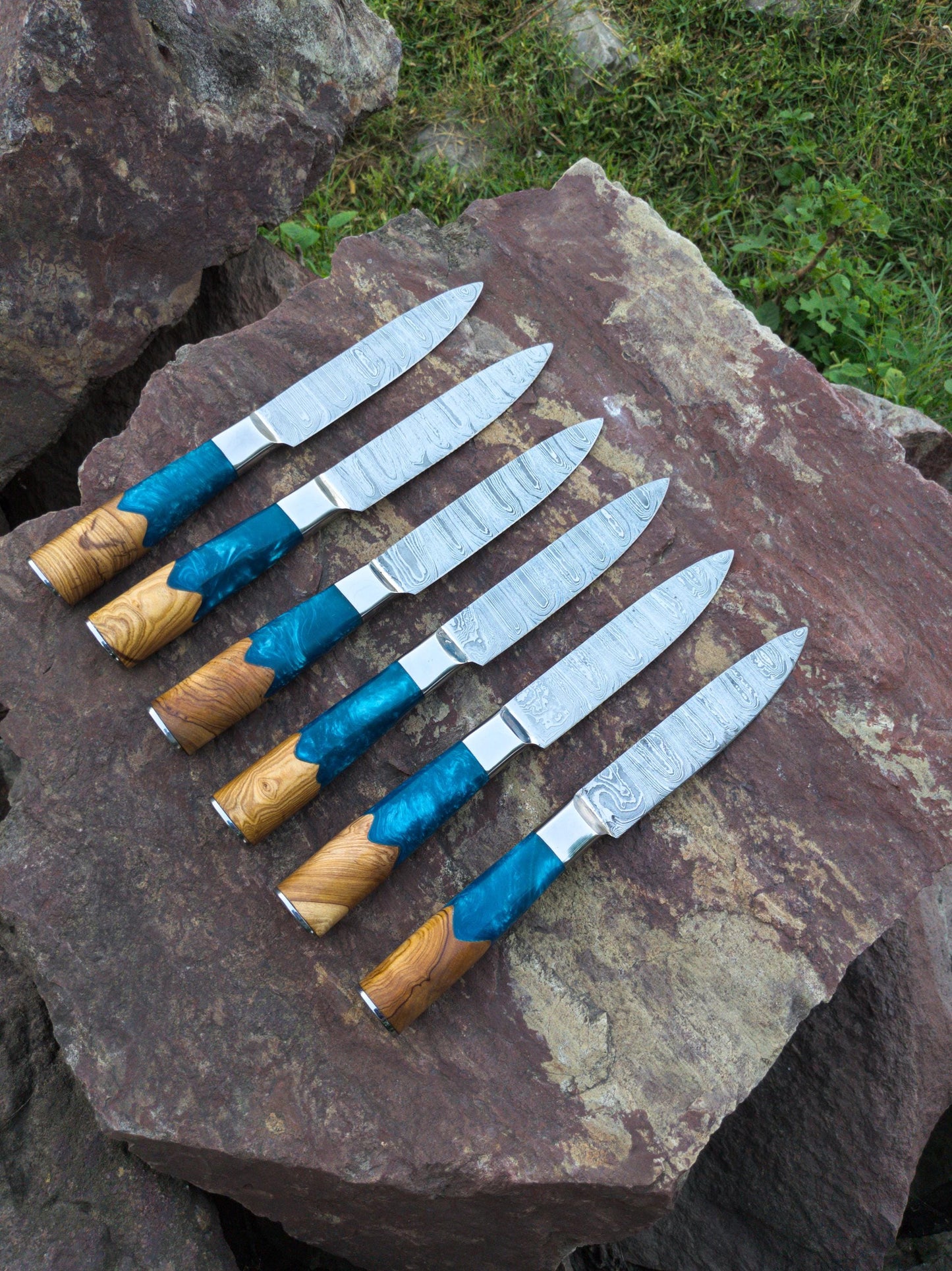 6 Pcs Damascus Steel Steak Knife Set Fully Handcrafted Round Handle