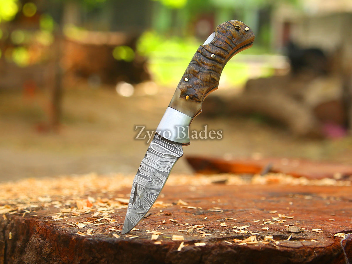Handmade Damascus Pocket Folding Knife Ram Horn Handle