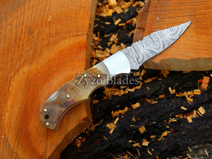 Handmade Damascus Pocket Folding Knife Ram Horn Handle