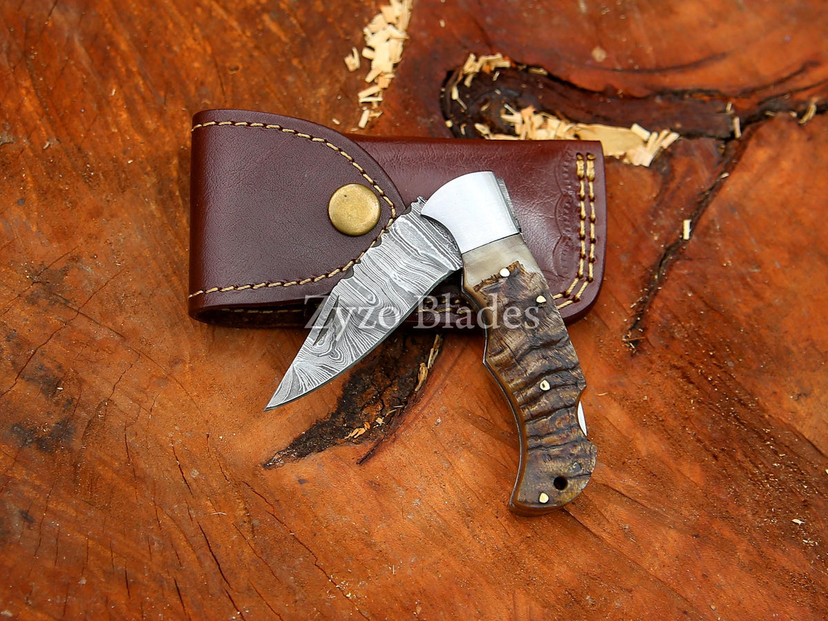 Handmade Damascus Pocket Folding Knife Ram Horn Handle