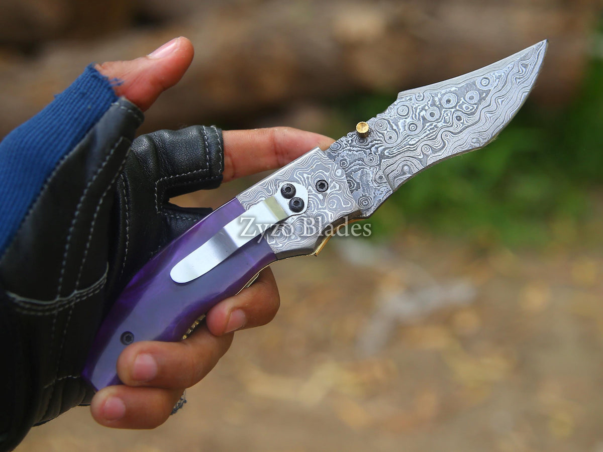 Personalized Damascus Folding Pocket Knife Purple colored