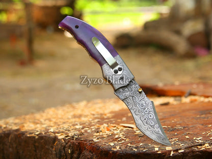 Personalized Damascus Folding Pocket Knife Purple colored