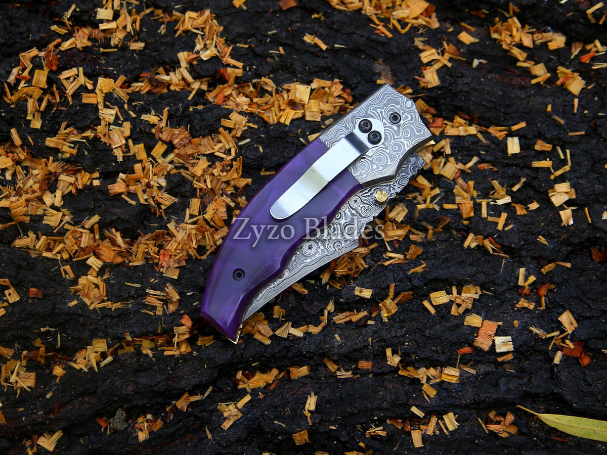 Personalized Damascus Folding Pocket Knife Purple colored
