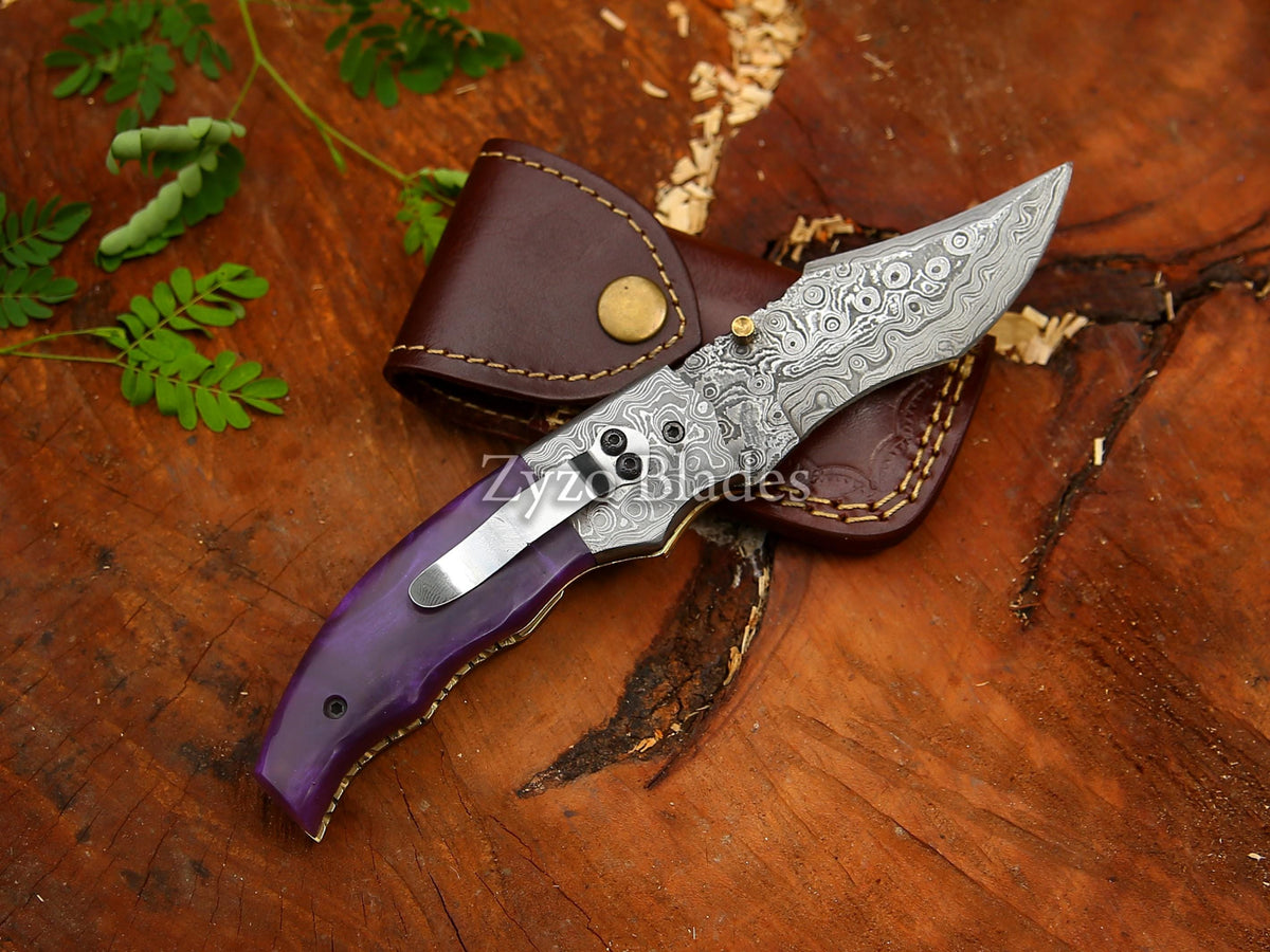 Personalized Damascus Folding Pocket Knife Purple colored