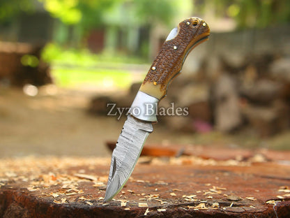 Stag Antler Personalized Handmade Damascus Pocket Folding Knife for Gifts