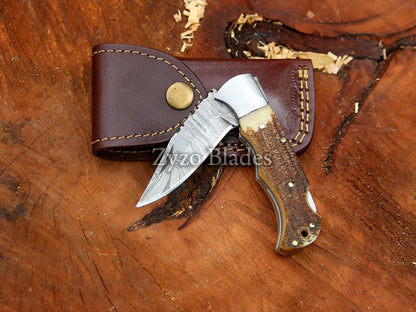 Stag Antler Personalized Handmade Damascus Pocket Folding Knife for Gifts