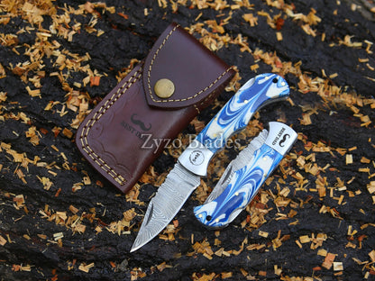 Handmade Damascus Pocket Folding Knife Unique Ocean Blue Handle
