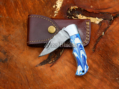 Handmade Damascus Pocket Folding Knife Unique Ocean Blue Handle