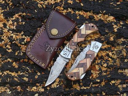 Handmade Damascus Pocket Knife Olive Wood Handle