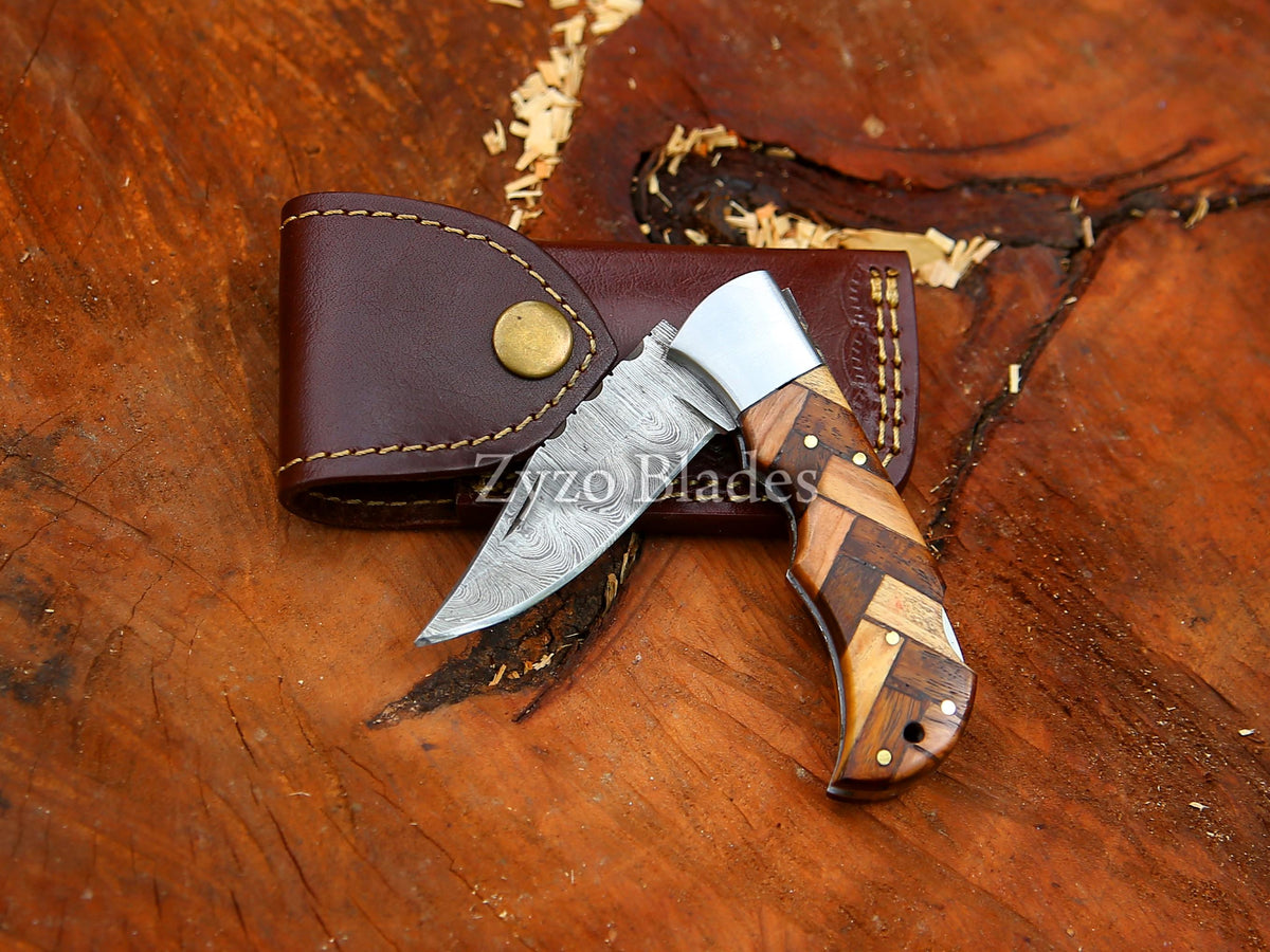 Handmade Damascus Pocket Knife Olive Wood Handle