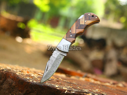Handmade Damascus Pocket Knife Olive Wood Handle