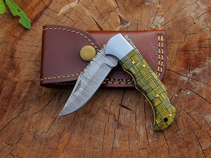 Handmade Damascus Pocket Folding Knife Pakka Wood Handle