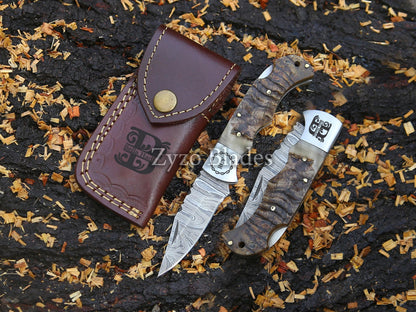 Handmade Damascus Pocket Folding Knife Ram Horn Handle