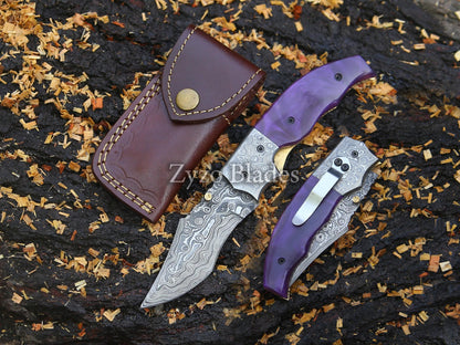 Personalized Damascus Folding Pocket Knife Purple colored
