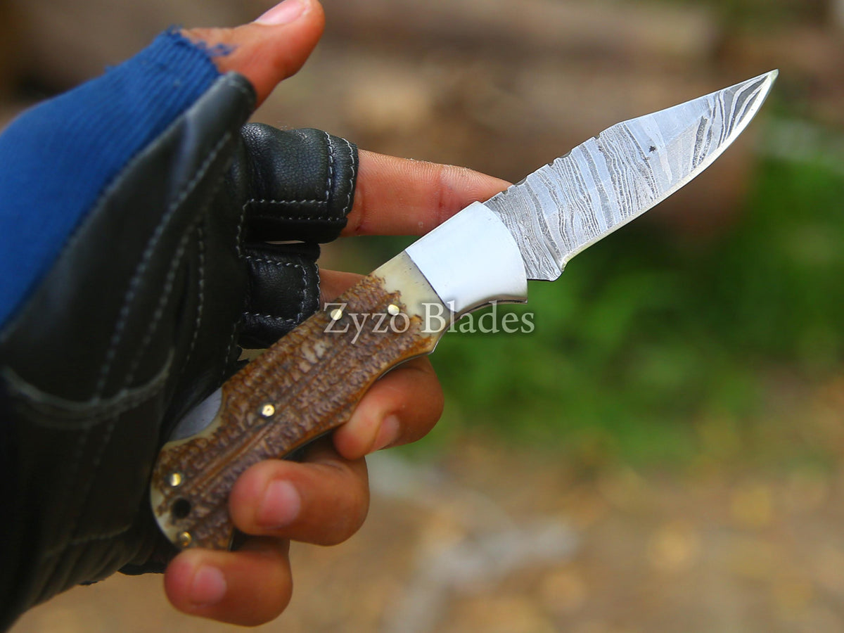 Stag Antler Personalized Handmade Damascus Pocket Folding Knife for Gifts