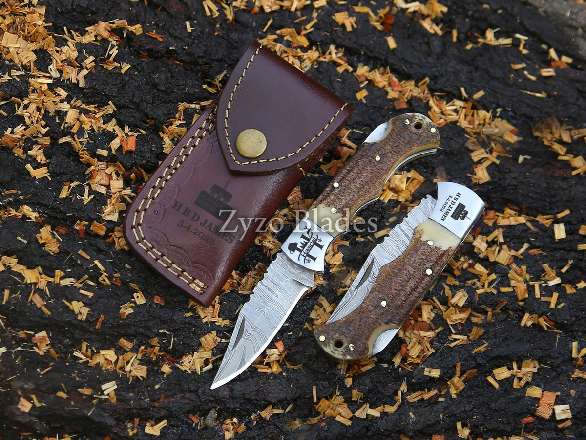 Stag Antler Personalized Handmade Damascus Pocket Folding Knife for Gifts