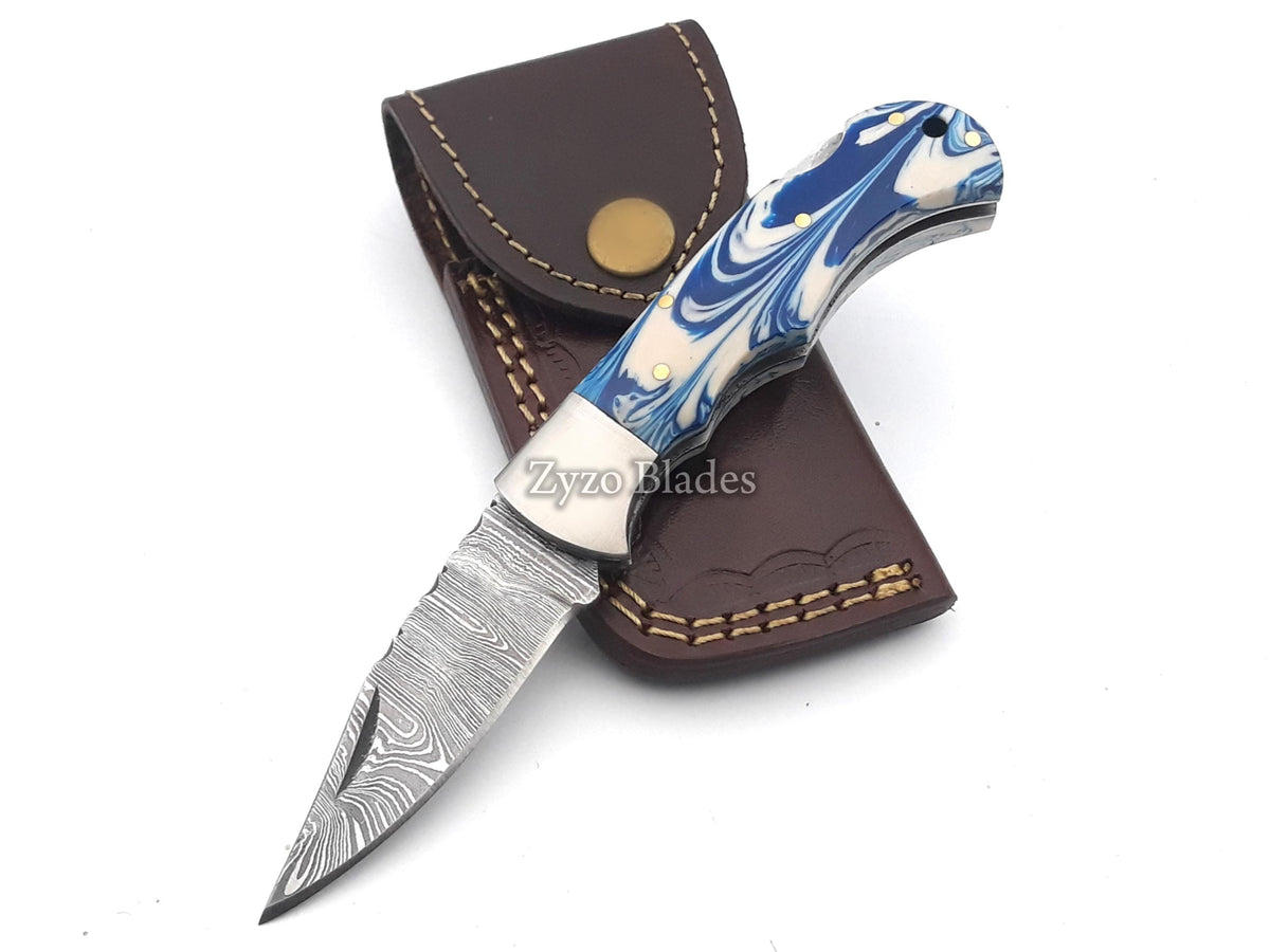 Handmade Damascus Pocket Folding Knife Unique Ocean Blue Handle