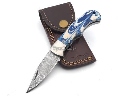 Handmade Damascus Pocket Folding Knife Unique Ocean Blue Handle