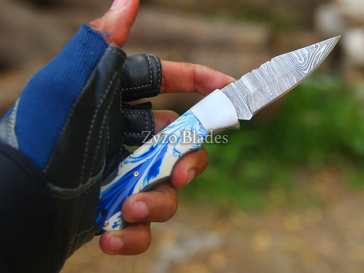 Handmade Damascus Pocket Folding Knife Unique Ocean Blue Handle