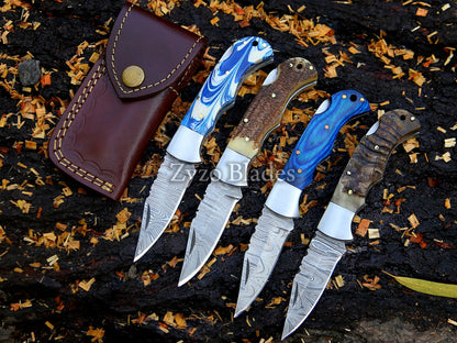 Handmade Damascus Pocket Folding Knife Unique Ocean Blue Handle